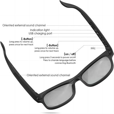 Anti lentille UV d'oreille d'écouteurs de Bluetooth de contrôle du volume noir ouvert de lunettes de soleil